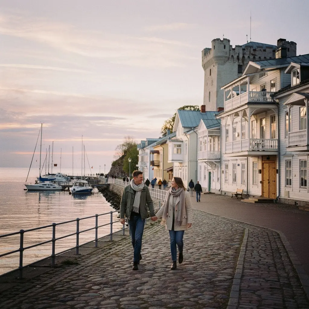 Rannaäärne vaade, kus inimesed naudivad suvepäeva ja päikeseloojangut.